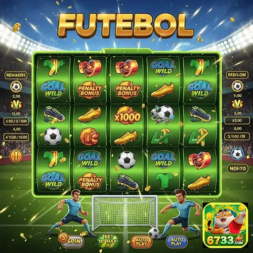 Imagem de um jogo de slot de futebol no site 6733, com símbolos e temática esportiva.